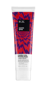 IGK GOOD SPIN bottle front highlights hydrating curl gel for flexible hold.