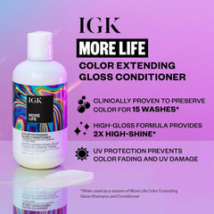 IGK More Life shampoo lather close-up highlights high shine.