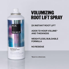 IGK Pick Me Up spray-dispense shows even, buildup-free application for day-long volume.