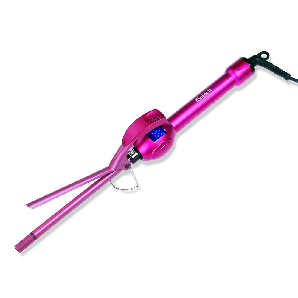 iGutech 9mm curling iron barrel close-up shows tourmaline ceramic for smooth, shiny curls