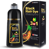 IIIMEIDU MEIDU black hair dye shampoo bottle demonstrates 500ml color-ready formula for gray coverage.