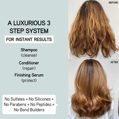 ILES FORMULA mini finishing serum bottle highlights heat protection and shine for salon-like results.