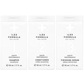 ILES FORMULA mini shampoo bottle demonstrates travel-friendly smoothing for frizz-free travels.