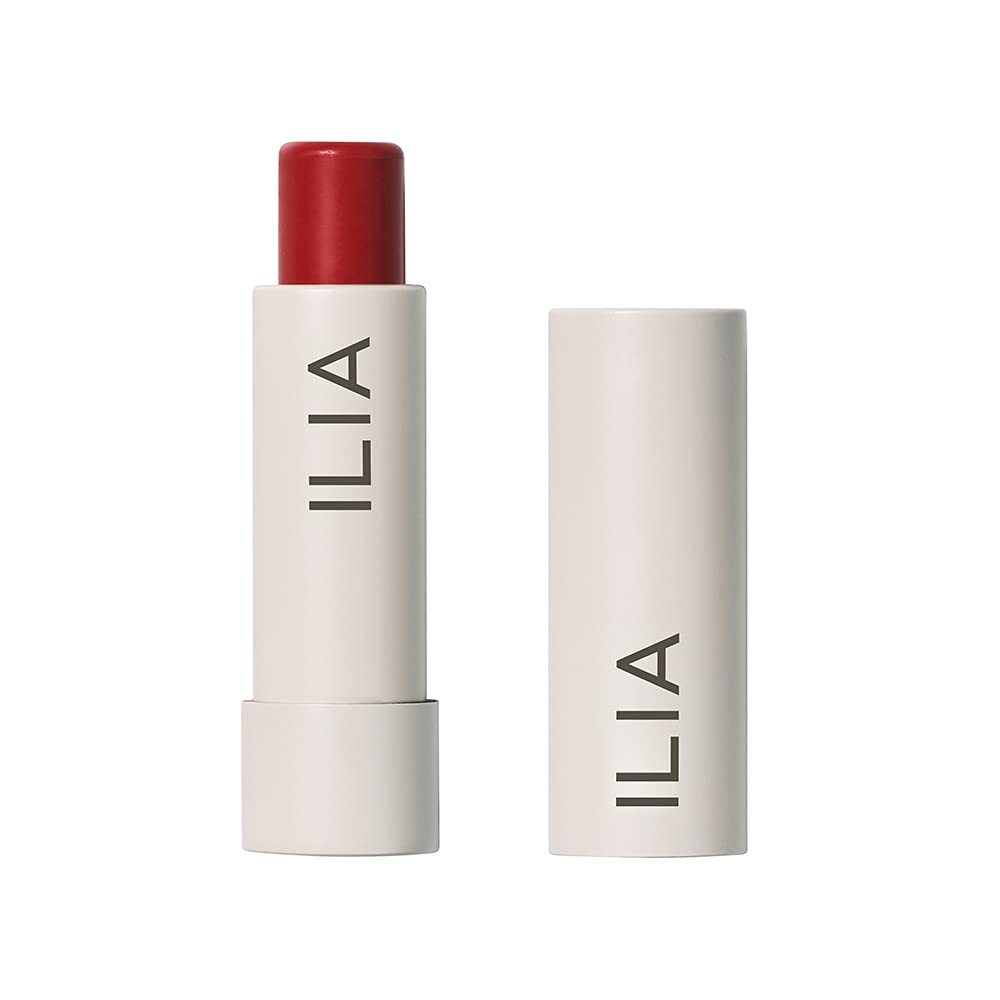 ILIA Balmy Tint Hydrating Lip Balm Heartbeats swatch provides warm red color with nourished lips