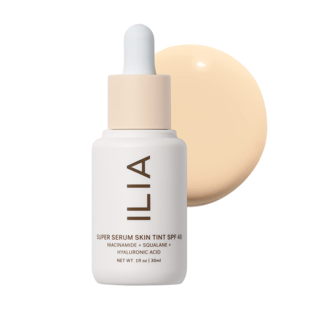 ILIA Super Serum Skin Tint bottle-pump demonstrates easy application with hydrating, dewy finish.