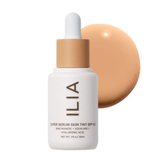 ILIA Super Serum Skin Tint bottle with pump showing easy application and glow