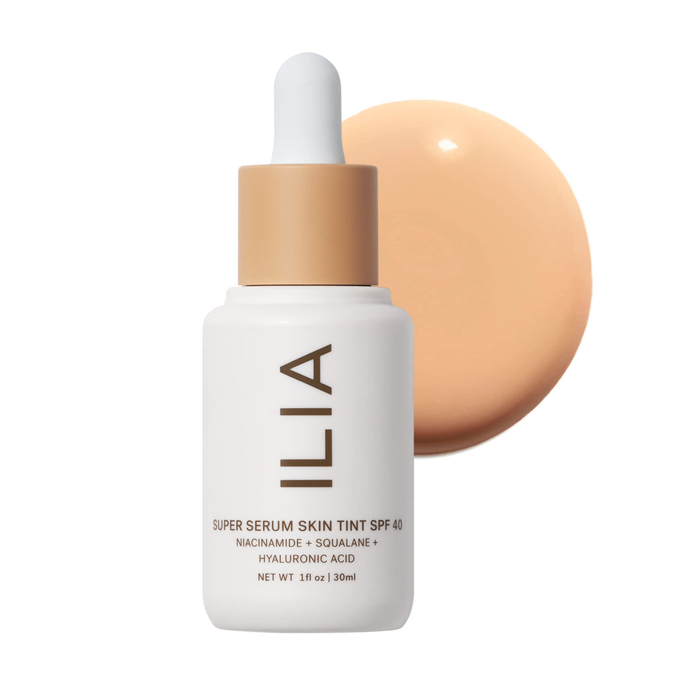 ILIA Super Serum Skin Tint SPF 40 bottle demonstrates lightweight hydration for a natural glow.