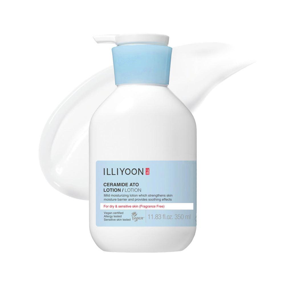 Illiyoon Ceramide Ato Lotion bottle close-up highlighting lightweight hydration for sensitive skin.