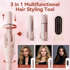 CHIKYO 3 in 1 Multifunctional Hot Tool, Automatic Curling Irons with 2 Ceramic Barrel(1", 1.25") & Hair Straightener Brush, Hair Curler & Straightening Comb with 3 Temp & Timer & Negative Ions