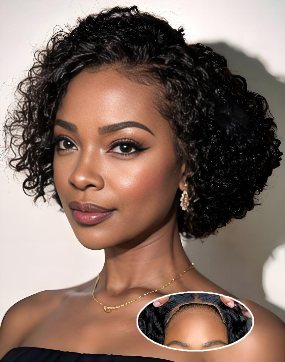 IMANI HAIR short curly pixie wig front view shows natural texture and easy styling.
