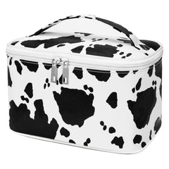 IMCUZUR cow print travel makeup bag front view for compact, organized travel essentials.