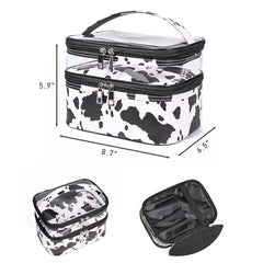 Imerelez cow print makeup bag open shows layered organization for easy access.