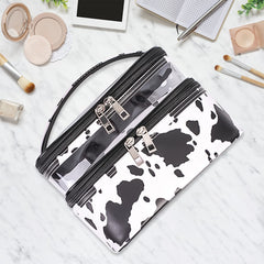 Imerelez cow print makeup bag side view highlighting waterproof exterior for travel.