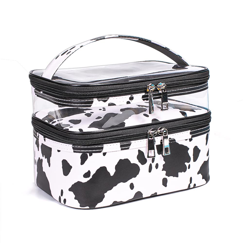 Imerelez cow print makeup bag top view showing organized, spacious interior for cosmetics.