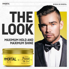 Immortal NYC Creed pomade bottle highlights max shine with a clean, water-based finish.