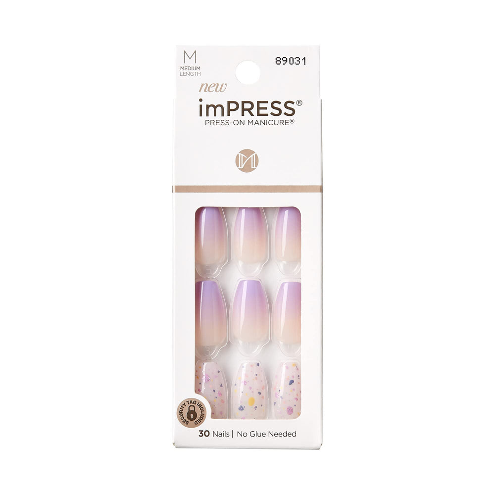 imPRESS No Glue Mani All I Want purple coffin nails ready for quick at-home manicure.