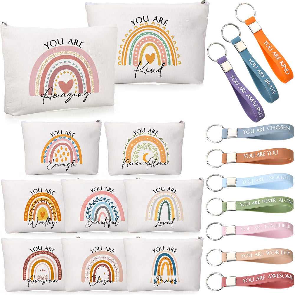 Inbagi inspirational makeup bag with rainbow design calms and organizes cosmetics.