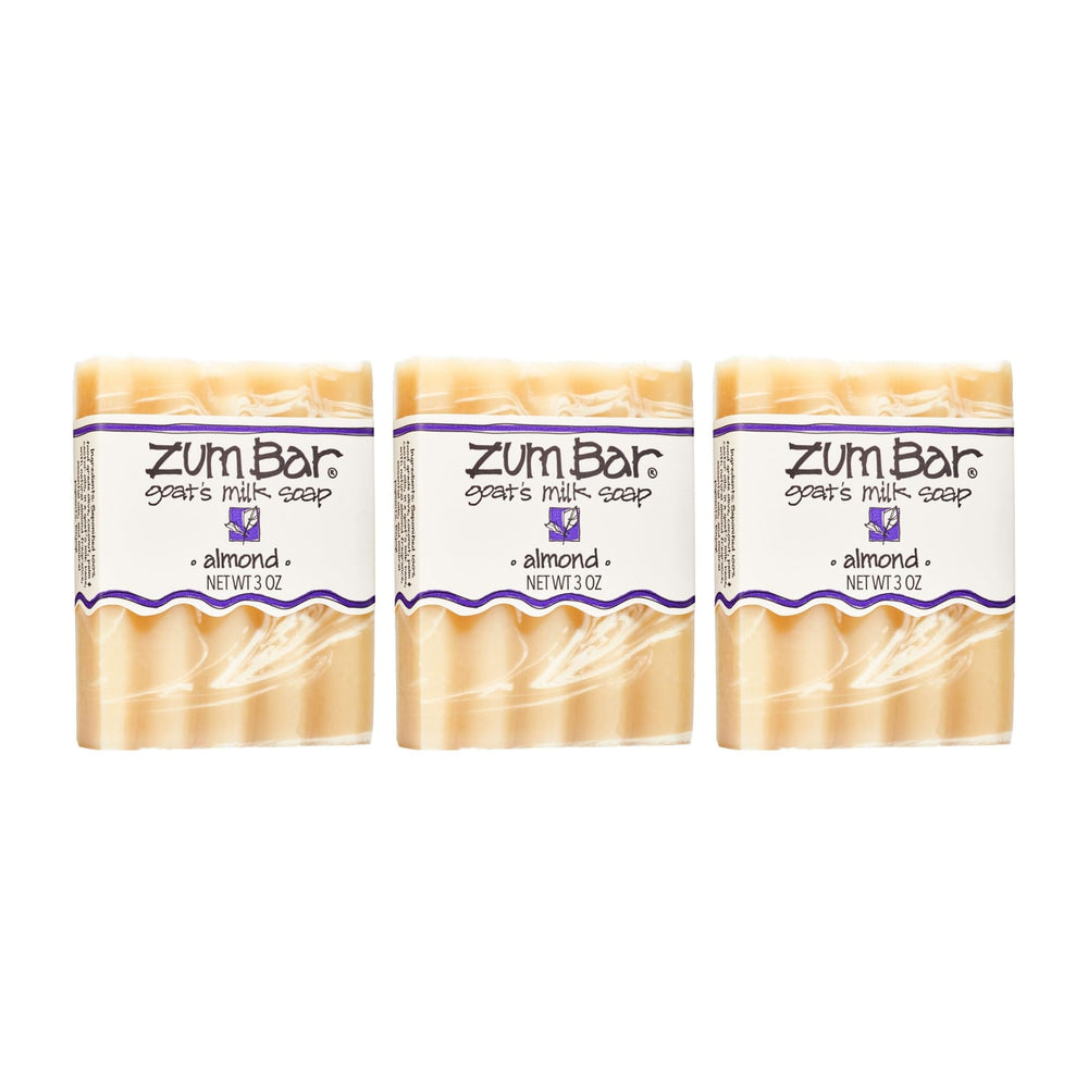 Indigo Wild Zum Goat Milk Soap Bar Almond packaging in a 3-pack display for everyday use.