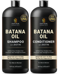 INFINA ESSENTIALS Batana Oil Shampoo bottle front shows moisturizing, strengthening potential.