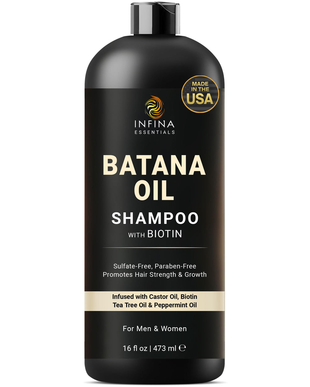 INFINA ESSENTIALS Batana Oil Shampoo bottle shows nourishing formula for hair health