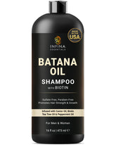 INFINA ESSENTIALS Batana Oil Shampoo bottle shows nourishing formula for hair health