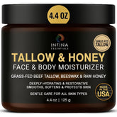 INFINA ESSENTIALS beef tallow honey jar highlights a rich, hydrating cream for face and body