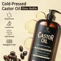 INFINA ESSENTIALS glass bottle close-up highlights hexane-free cold-pressed formula