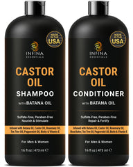 INFINA ESSENTIALS Castor Oil Shampoo bottle shows fuller looking hair potential