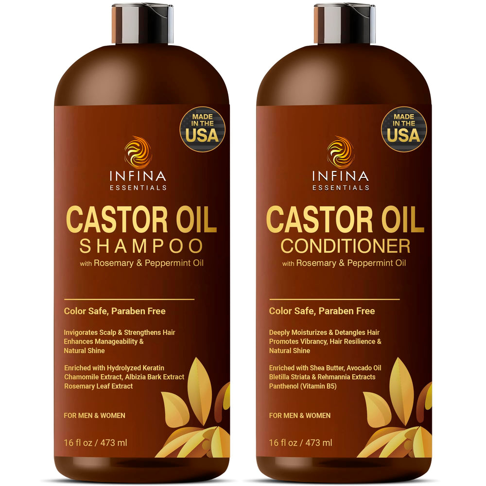 INFINA ESSENTIALS castor shampoo bottle promotes nourishing cleanse with castor oil for hair health