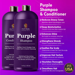 INFINA ESSENTIALS Purple Conditioner bottle hydrates with coconut oil and aloe vera.