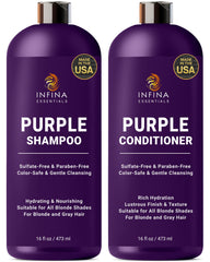 INFINA ESSENTIALS Purple Shampoo bottle reduces brassy tones for cooler blondes.