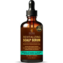 INFINA ESSENTIALS Revitalizing Scalp Serum bottle highlights copper peptides for scalp health support.