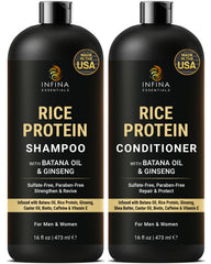 Infina Essentials Rice Protein Shampoo bottle demonstrates volumizing formula.