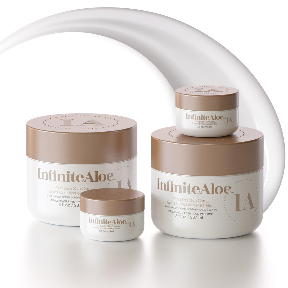 InfiniteAloe Complete Skin Care jar front showing fragrance free hydration for smoother skin