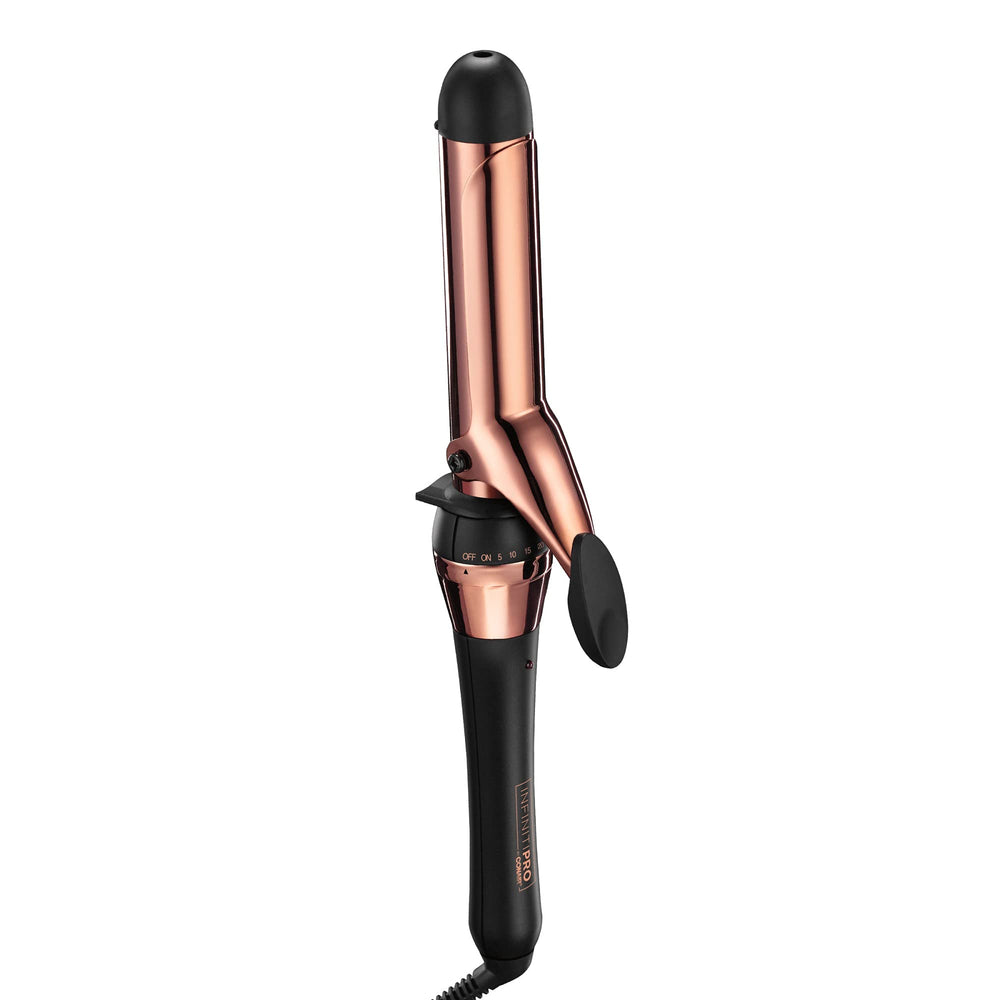 Conair INFINITIPRO rose gold titanium curling iron close-up of 1-25-inch barrel for smooth shine.