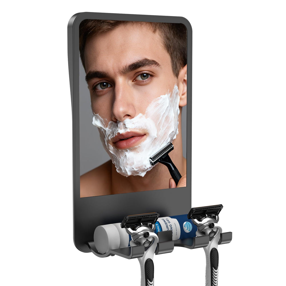 Infitrans fogless shower mirror close-up showing anti-fog clarity in a steamy bathroom.