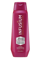 Infusium Repair and Volumize bottle close-up showing volume boost for fine hair.