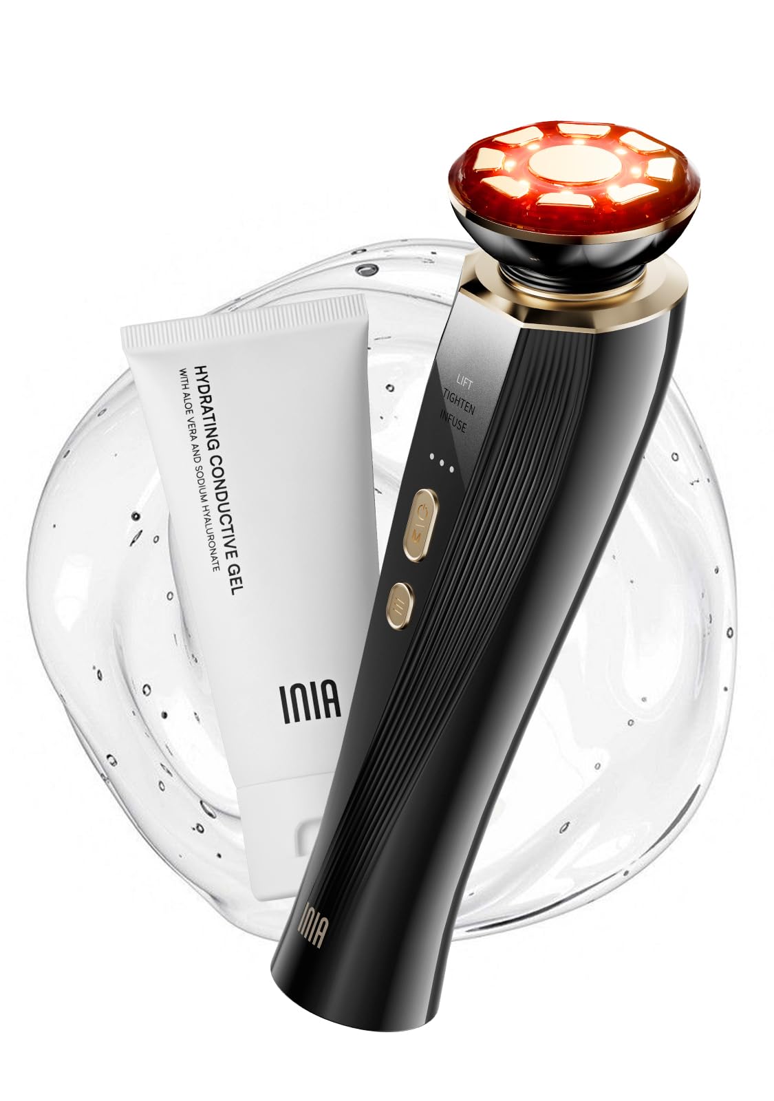 INIA Flare 3-in-1 face device closeup showing lifting and firming capability