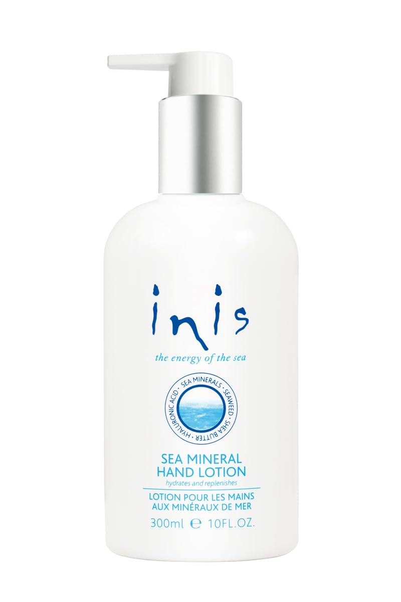 Inis the Energy of the Sea mineral hand lotion bottle front delivers light hydration and uplifting sea scent.