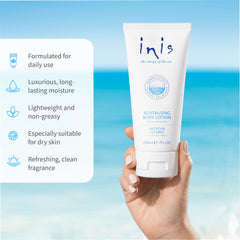 Inis Energy of the Sea Revitalizing Body Lotion label closeup emphasizes clean, uplifting fragrance.