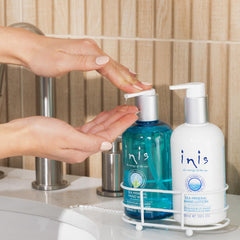 Inis Energy of the Sea caddy on sink displays the ocean-inspired setup.