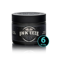 INK-EEZE Black Tattoo Ointment bottle highlights lavender formula for soothing aftercare.