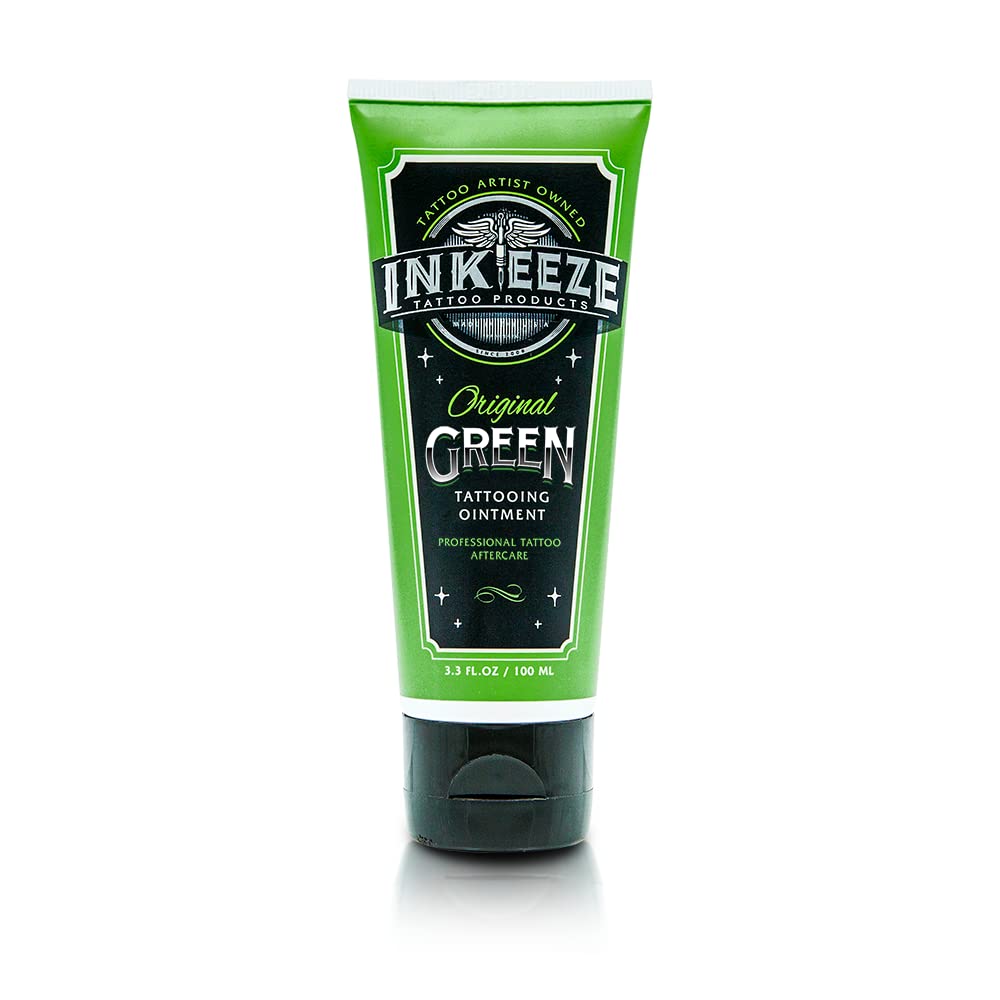 INK-EEZE Green Tattoo Ointment tube with lavender scent for post-tattoo comfort.