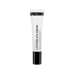 The INKEY List Caffeine Eye Cream tube close-up shows lightweight hydration for puffy eyes