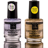 INM Northern Lights hologram top coat duo silver bottle swatch delivers a shimmering 3D effect on nails.