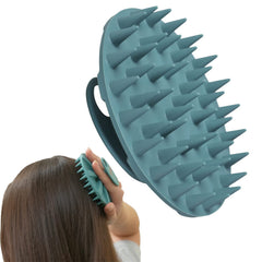 INNERNEED front view of dark green silicone scalp massager, ergonomic grip benefit