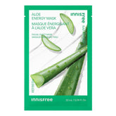 Innisfree Aloe Energy Mask sheet unfolding for hydrating and soothing skincare.