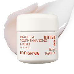 Innisfree Black Tea Youth Cream bottle close-up highlighting hydration and radiance.
