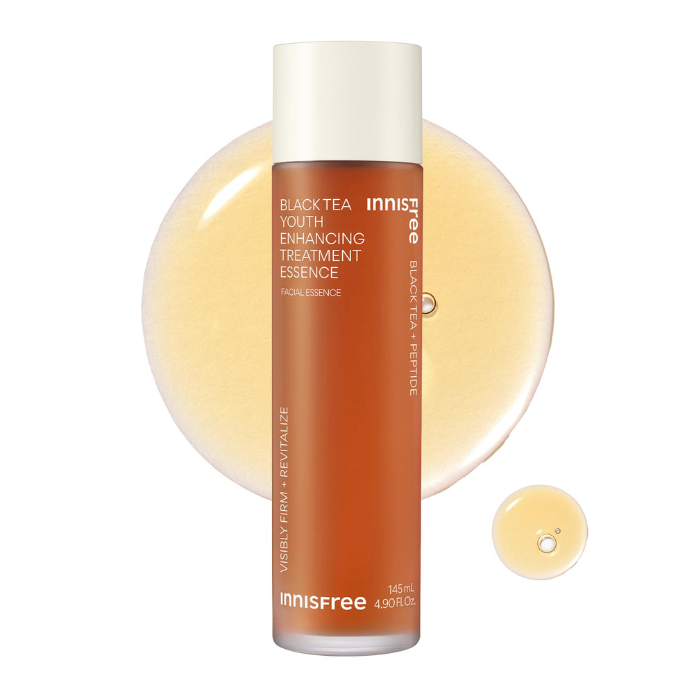 Innisfree Black Tea Youth Essence bottle close-up highlighting hydration and radiance.