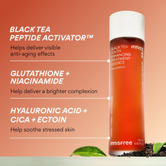 Innisfree Black Tea Youth Essence being patted onto the face for smoothness.